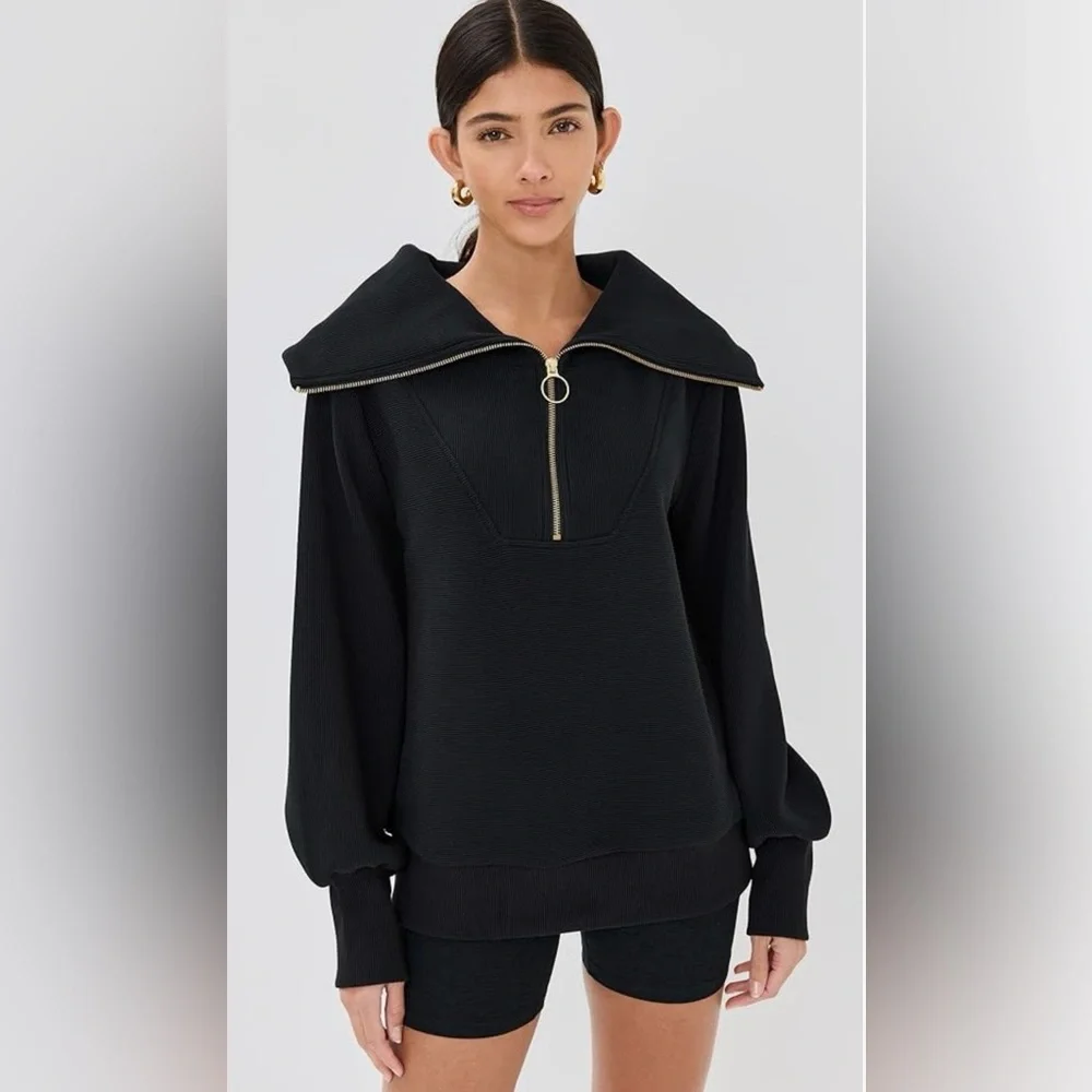 ▪️NWT Varley Vine Ribbed Half-Zip Sweatshirt in Black with Gold Zipper